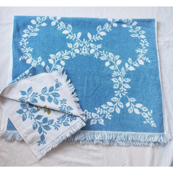 Vintage Sears Cotron Bath + Hand Towel Blue Flowers reversed Sculpted MCM Fringe - Picture 1 of 8